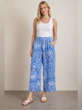 JOIE L LINEN Breathable Wide Leg Natural Capsule Coastal Blue Paisley Crop Pant